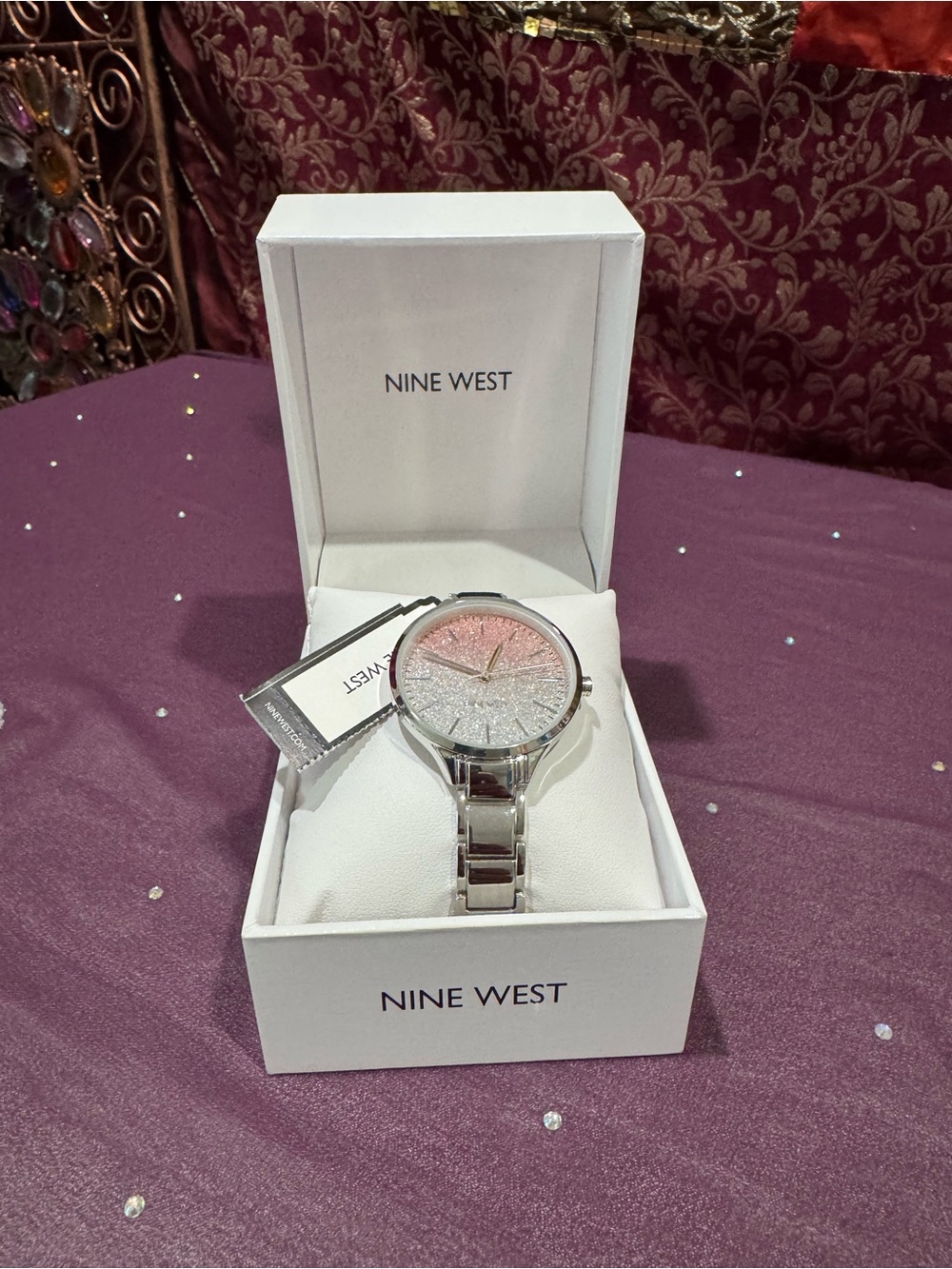 Nine West Silver Bracelet Watch with Pink and Silver Glitter Dial